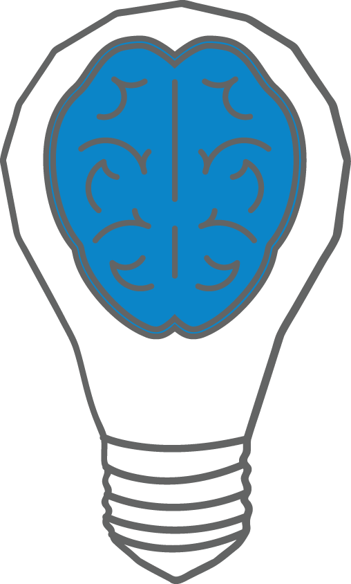 Quiz icon: blue brain inside a clear lightbulb