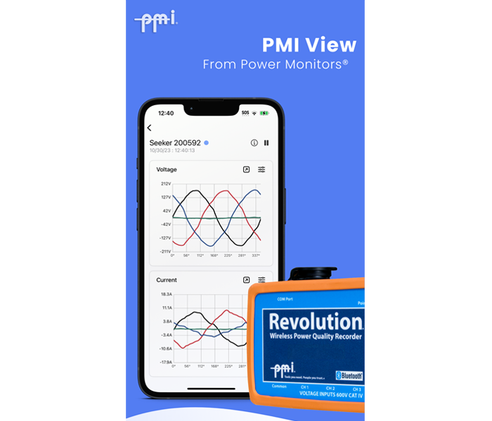 PMI View apple application shown on iPhone with Revolution Recorder. PMI View app is showing different waveforms accessed in the app.
