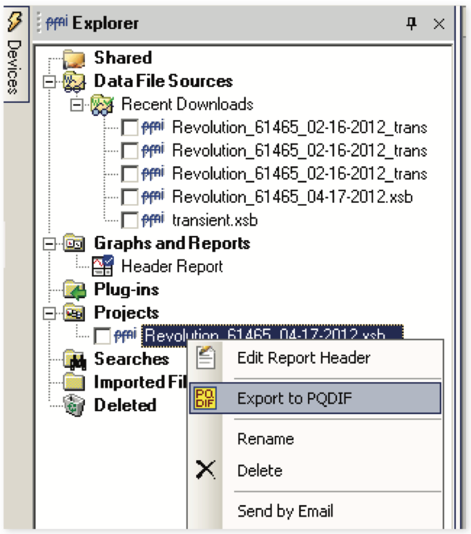 Figure 6. To export a file to PQDIF, the original data file must be in the Projects node of the Explorer panel.