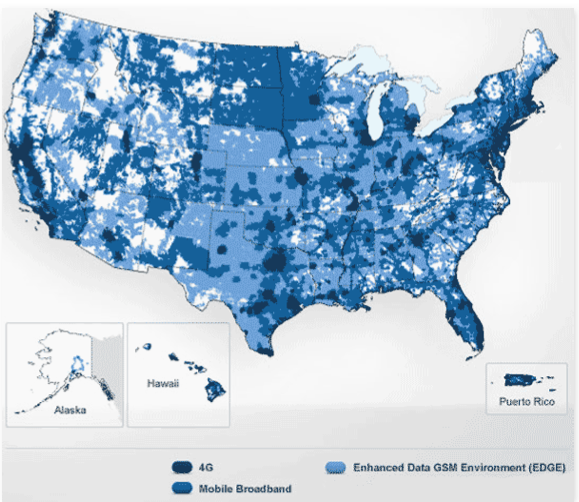 Figure 2. AT&T Coverage Map as of 2011 (Boomerang GSM modem)