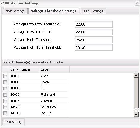 Figure 10. Device Settings window showing voltage threshold settings