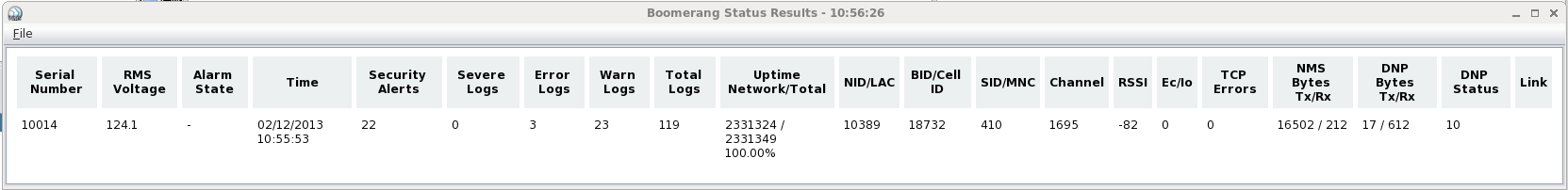 The Report Viewer displays the device statuses of selected Boomerangs