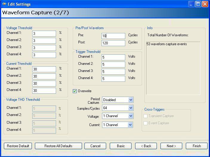 Figure 2. Waveform capture settings for a motor start recording