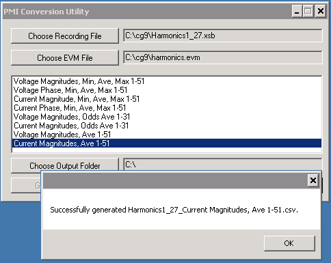 Figure 2. The current average magnitudes have been chosen for export, and the dialog box indicating success is shown