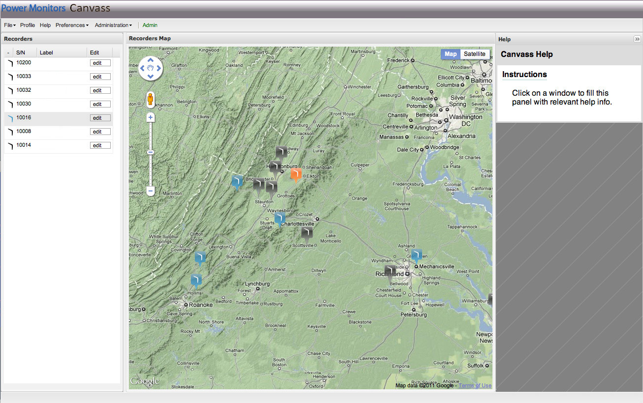Figure 1. The Canvass User Interface. A: Menu Bar; B: Device List; C: Map; D: Help Window