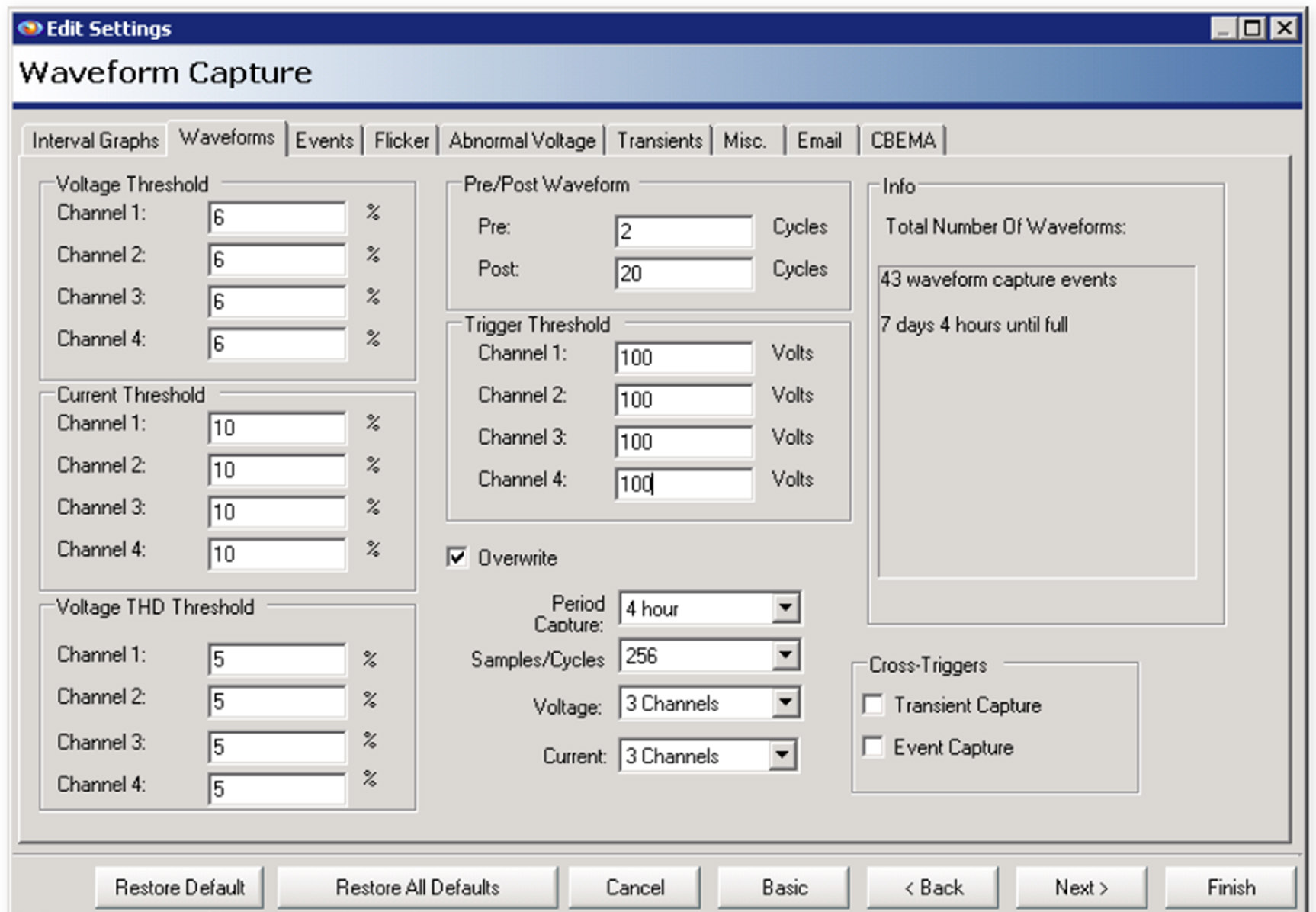 Figure 6. Waveform capture settings (left)