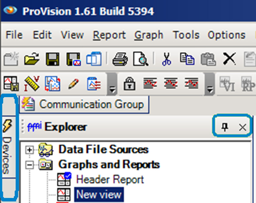 Figure 6. "Pinned" device and explorer tree sections of ProVision window (left)