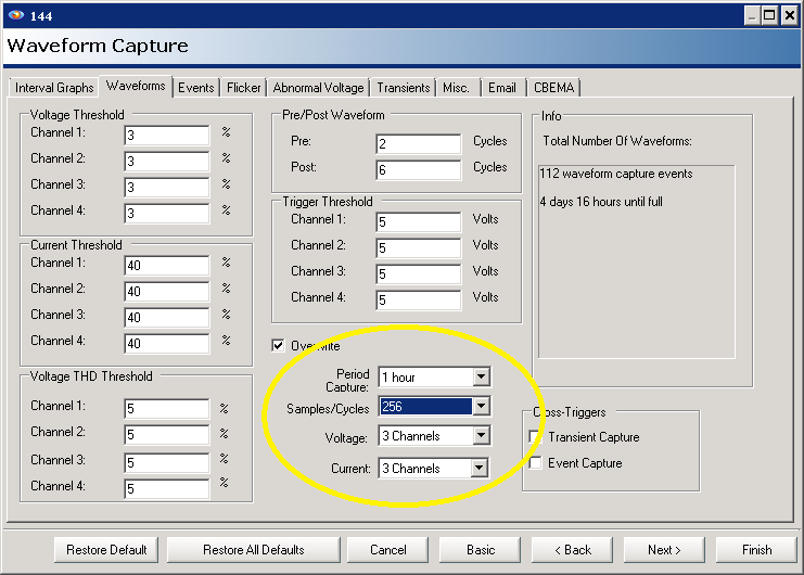 Waveform capture settings with periodic capture enabled