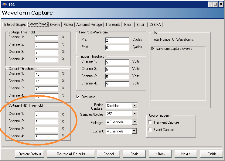 Figure 1. Setting the Voltage THD Threshold on the Waveform capture screen