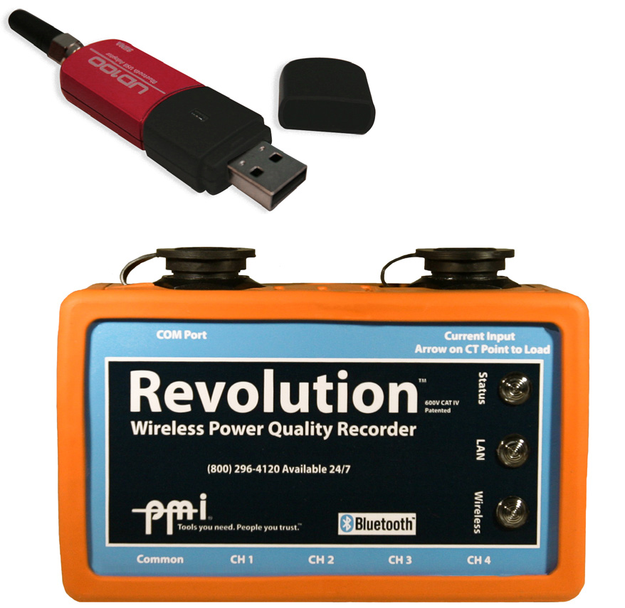 Figure 1. Revolution® wireless PQ recorder and PMI USB Bluetooth adapter