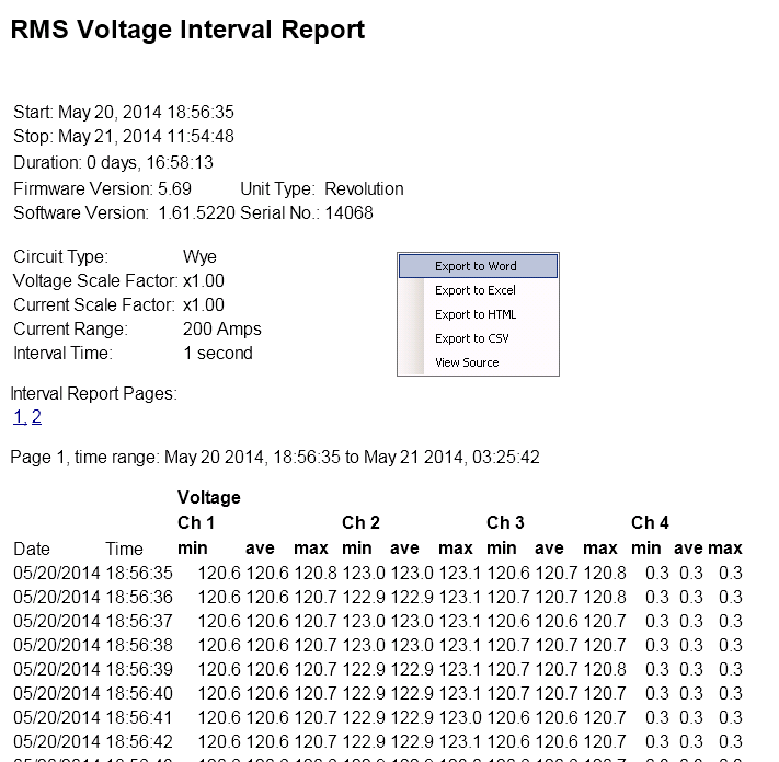 Figure 7. Stripchart report, with context menu showing export options (above).