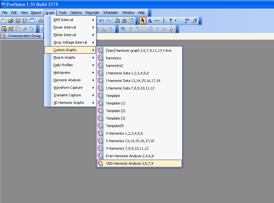 Access the custom graph under Graph > Custom Graphs.” loading=”lazy”><figcaption>Figure 13. Access the custom graph under Graph > Custom Graphs.</figcaption></figure>
<h2>Conclusion</h2>
<p>The custom graph wizard is a very powerful tool and is an excellent feature of ProVision. Taking the time to create a custom graph for Harmonic analysis is very beneficial and will save you time and effort in the future. With a little knowledge and understanding in using the custom graph wizard, you will be able to better understand your Harmonic data.</p>
</div><div class=