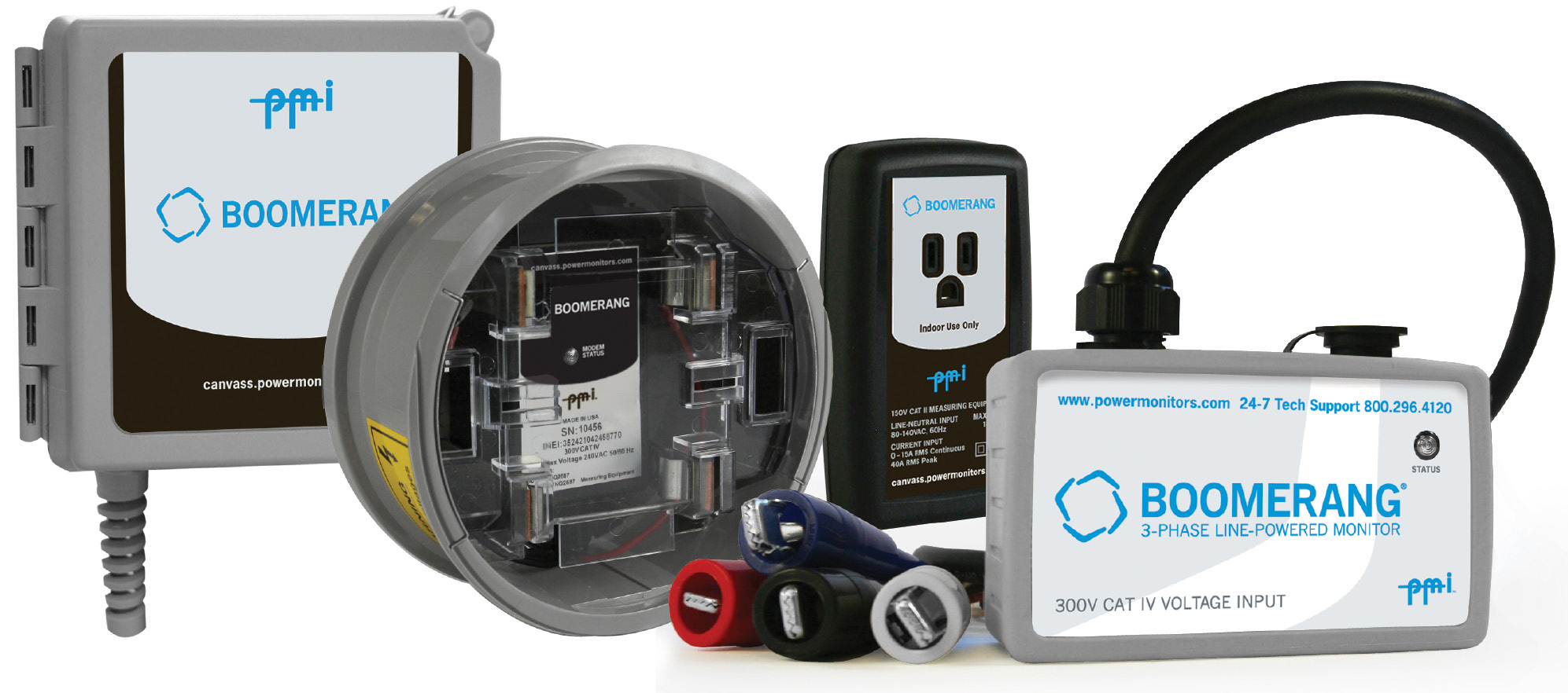 PMI's Boomerang family of devices (from left to right: Pole Mount, 2S Meter Socket, Plugin, and 3-phase Boomerangs)