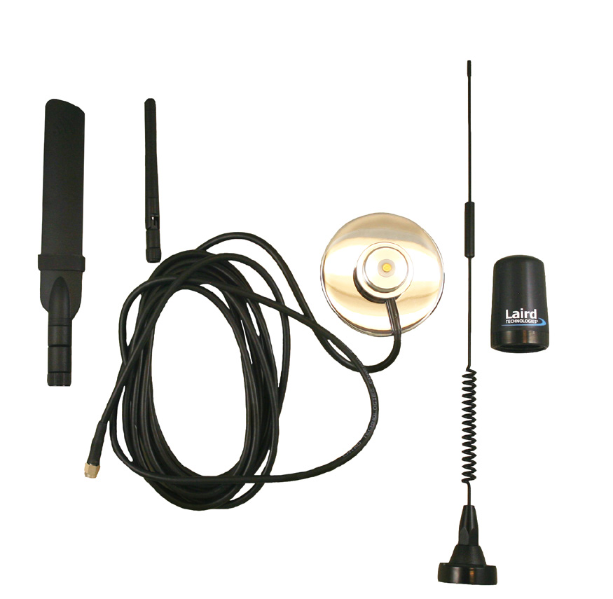 Figure 1. Cell Revolution antenna kit (From left to right: "Beaver tail" antenna, "Rubber duck" antenna, antenna mount, 13.88" antenna, and Phantom antenna)