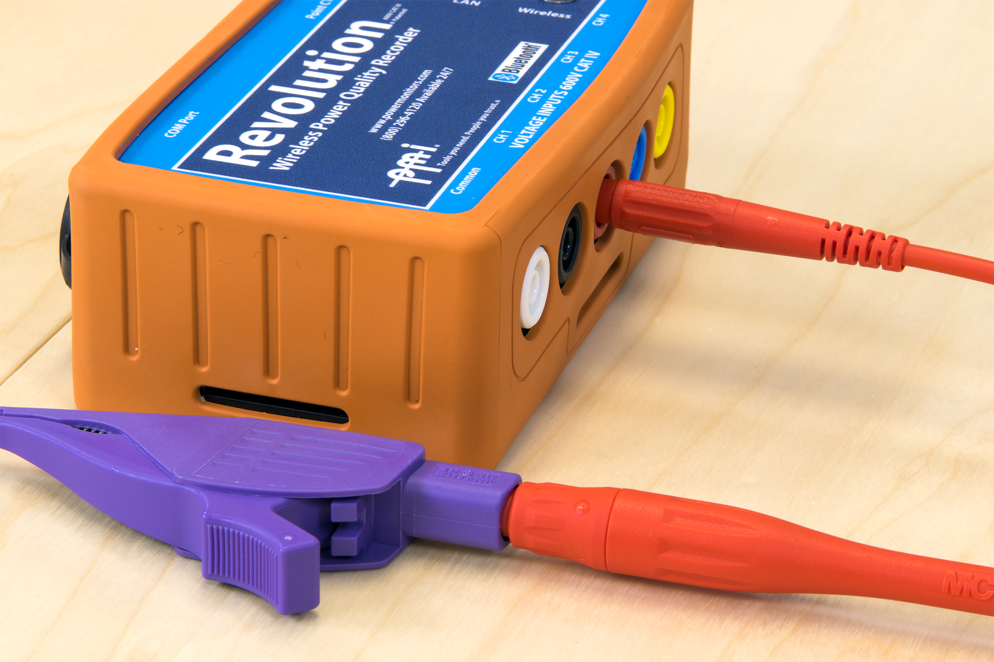 Diagram of color-coded voltage test leads hooked up to PQ recorder (left)