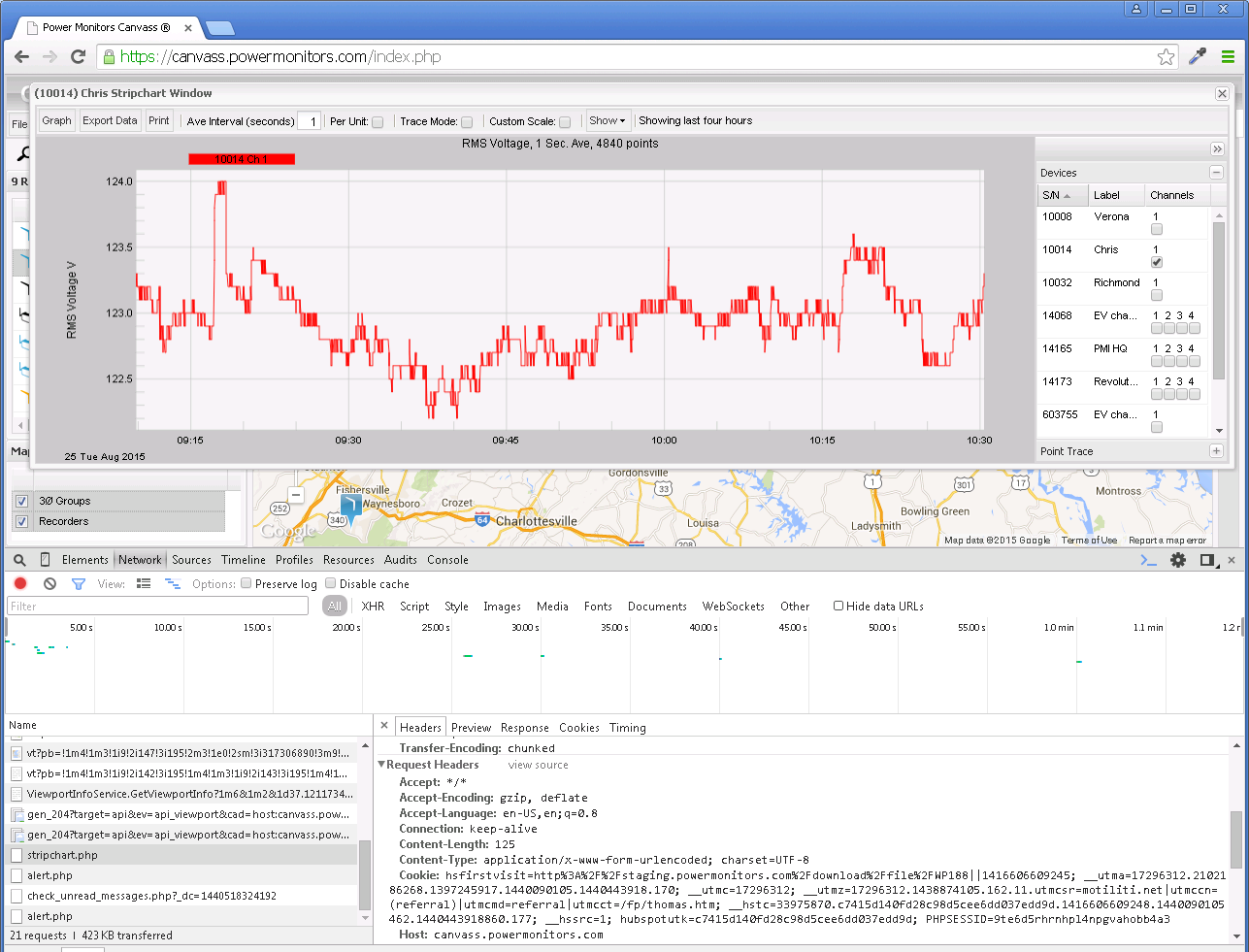 Screenshot of PMI's Canvass software with network traffic details (circled)