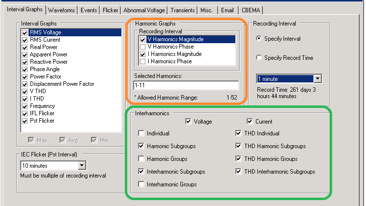 Figure 3. ProVision setup screen for harmonics (orange) and interharmonics (green)