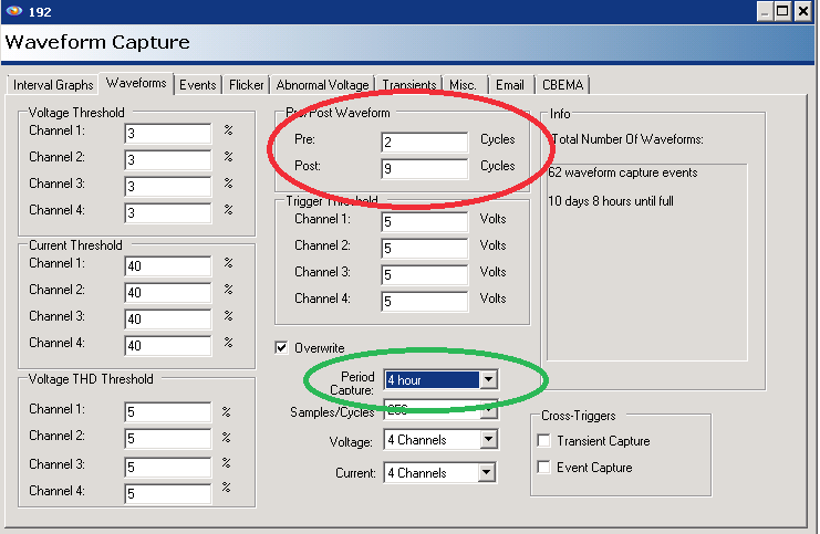 Figure 4. Periodic Waveform Capture setup screen, with number of cycles in red & capture period in green
