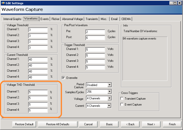 Figure 7. THD trigger thresholds in the waveform capture configuration dialog