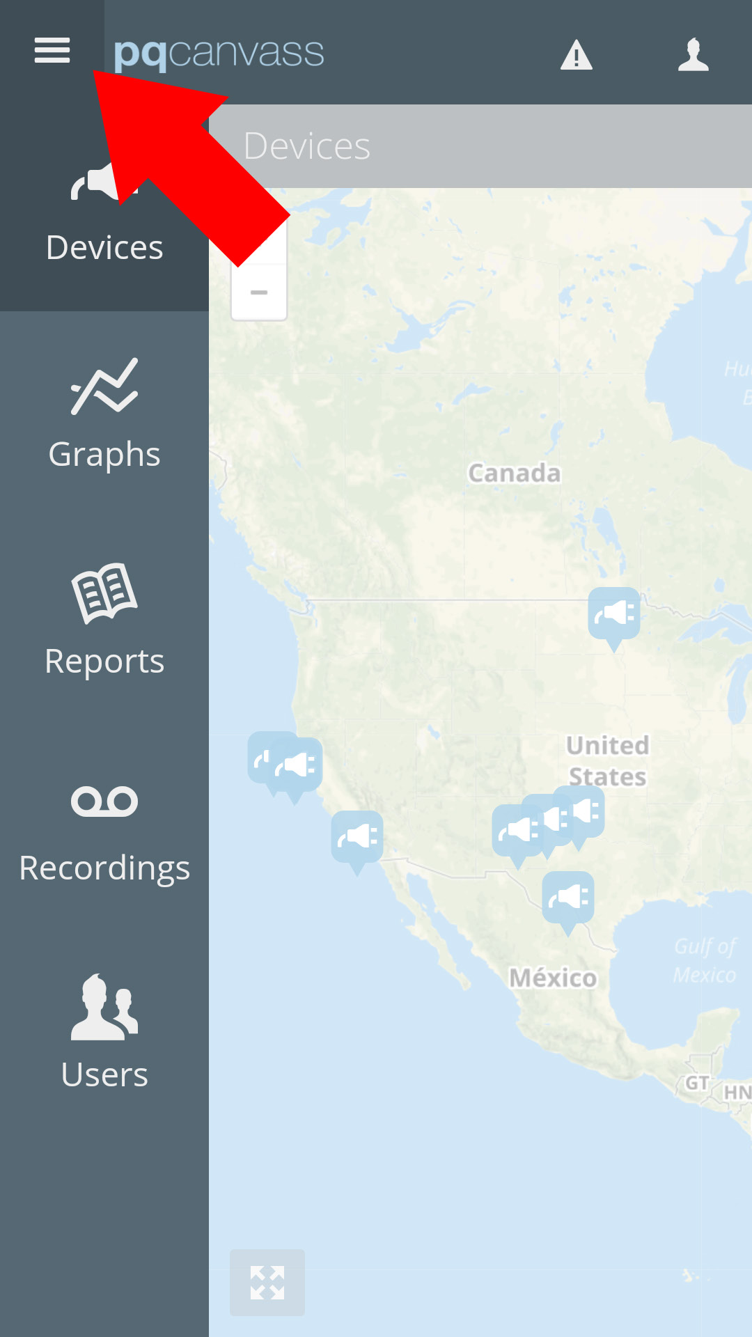 Figure 4. Main menu open on smartphone via "hamburger" button, indicated by red arrow