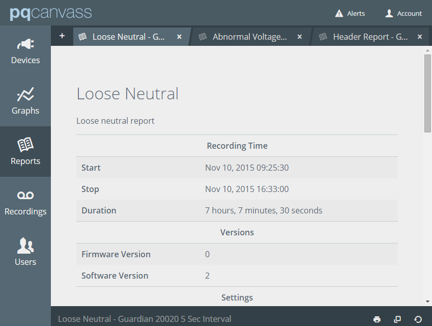 Figure 7. Reports view with three open reports. Viewing a loose neutral report for a Guardian meter socket recorder