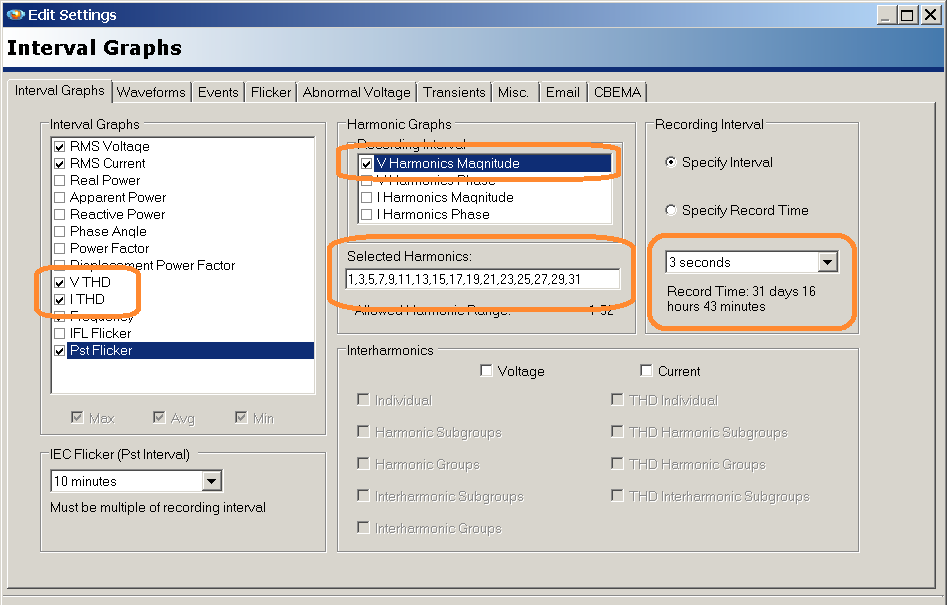 Figure 2. Recorder setup to gather IEEE 519 voltage data. Enable harmonics, THD, and 3 second interval