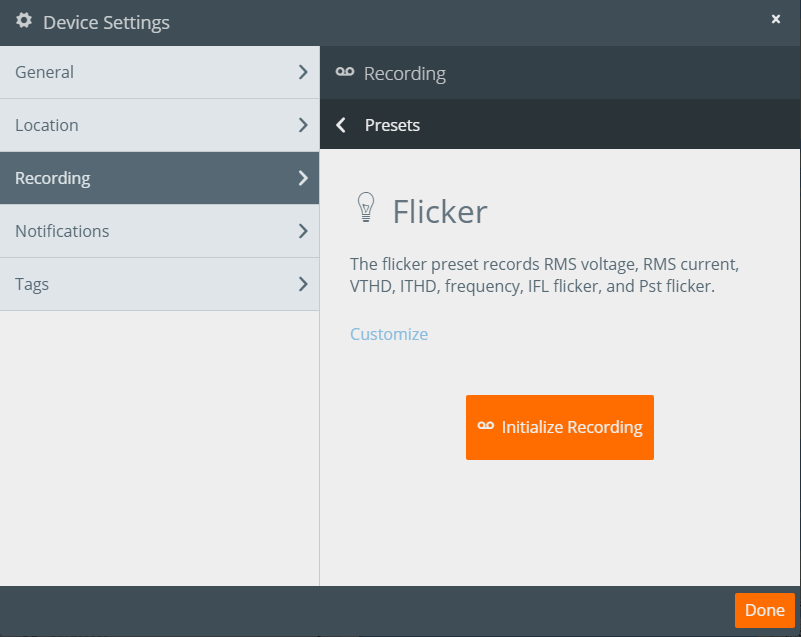 Figure 2. Flicker template details in PQ Canvass (above)
