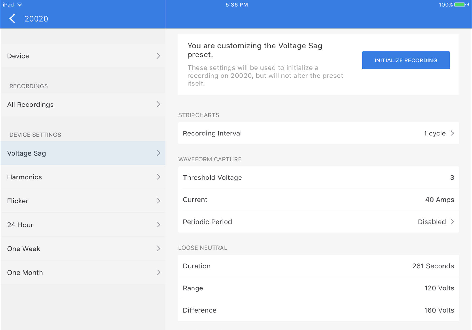 Figure 4. Device settings in the iPadPower app