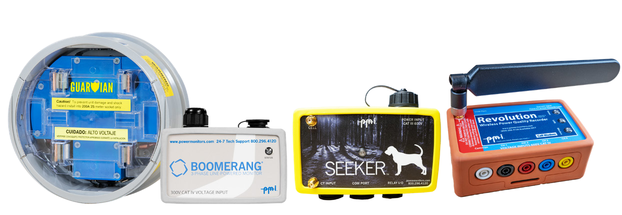 PMI wireless PQ devices (from left: Cell Guardian, 3 Phase Boomerang, Seeker and the Revolution), above