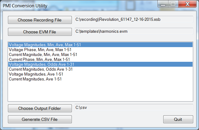 Figure 2. ProVision CSV Exporter GUI with sample selections