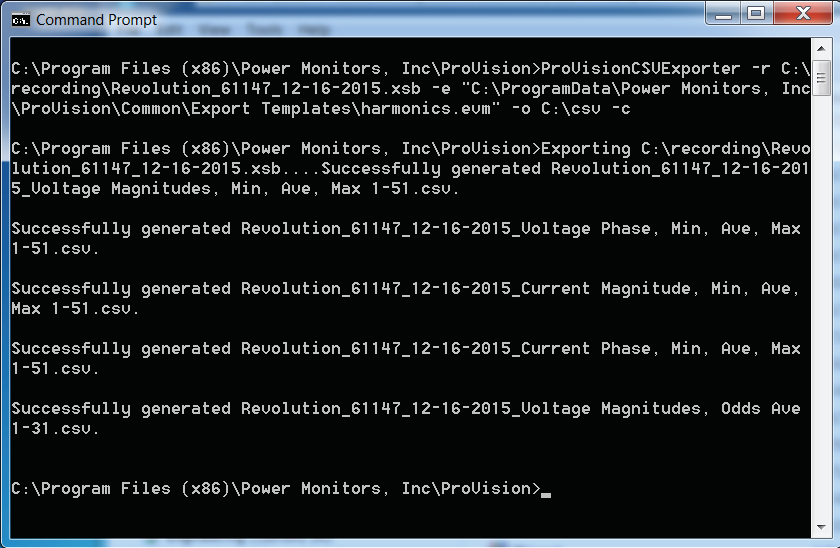 Figure 4. Command prompt showing the ProVision CSV Exporter tool running