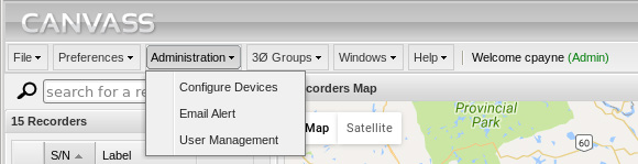Figure 1. Administration menu in Canavss