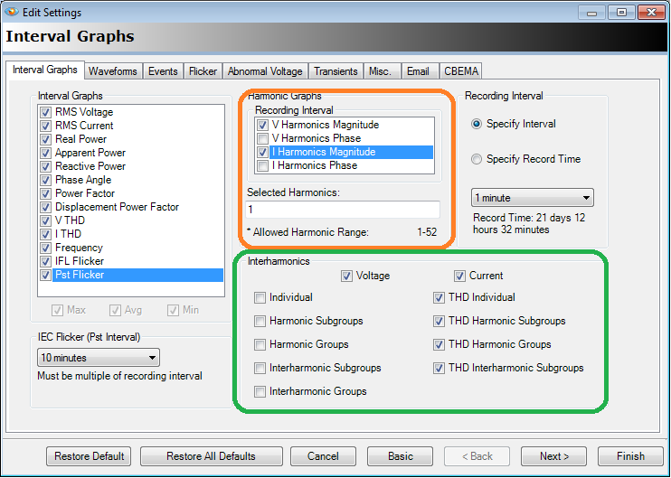 Figure 4. ProVision setup dialog for harmonics (orange) and interharmonics (green)