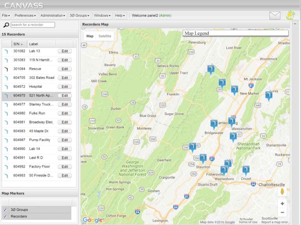 Figure 2. Screenshot of Canvass subaccount containing a subset of devices.