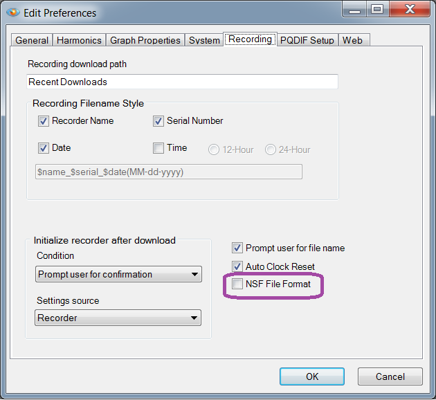 Figure 1. Choosing NSF file format in Preferences