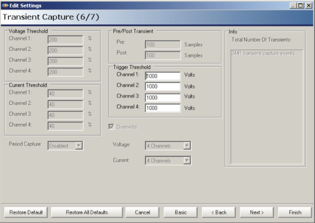 Figure 7. Transient capture screen showing defaults