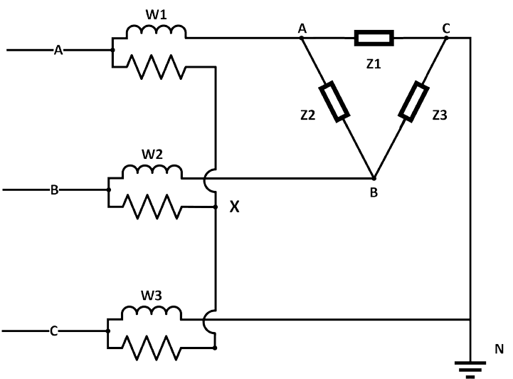 Figure 2. Three-wattmeter configuration on Wye (left) and delta (right) systems