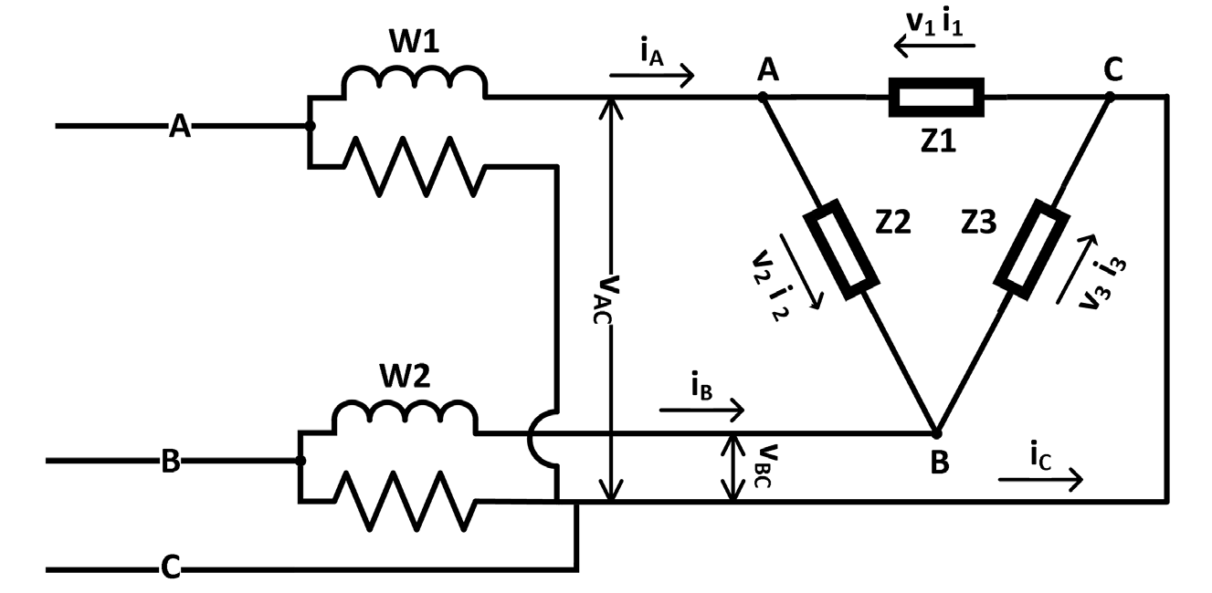 Figure 3. Diagram illustrating wattmeters 1 and 2 from delta configuration