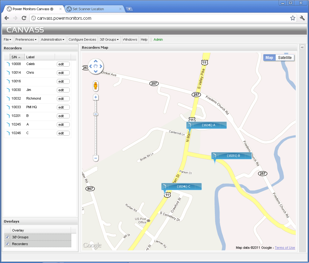 Boomerangs 10245, 10201, and 10246 are located on phase A, B, and C of a 3-phase commercial service entrance.