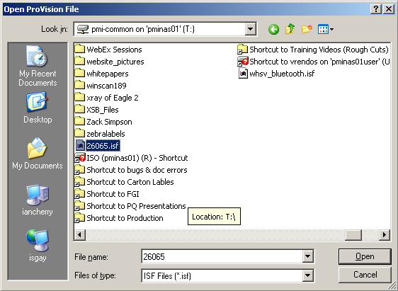 Figure 4. To import files into ProVision, select open, ISF file type, and then navigate to the file location.