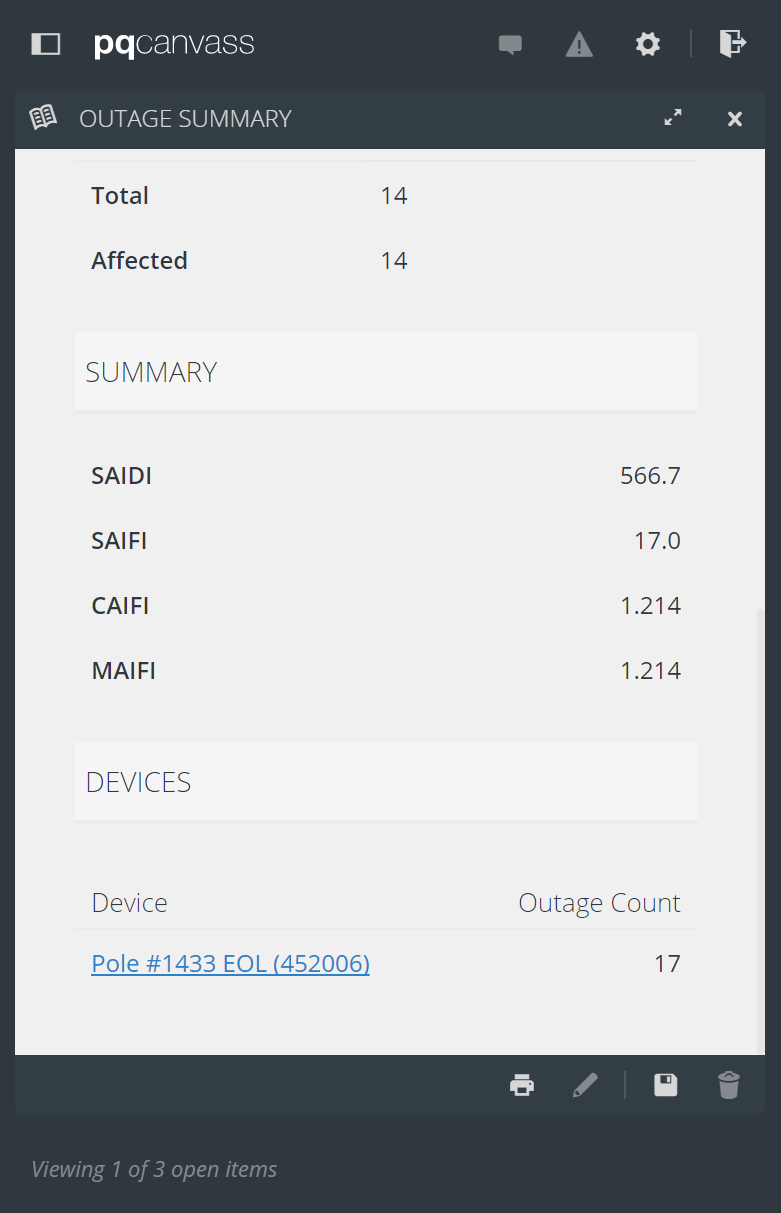 Figure 5. Outage Summary Report, PQ Canvass
