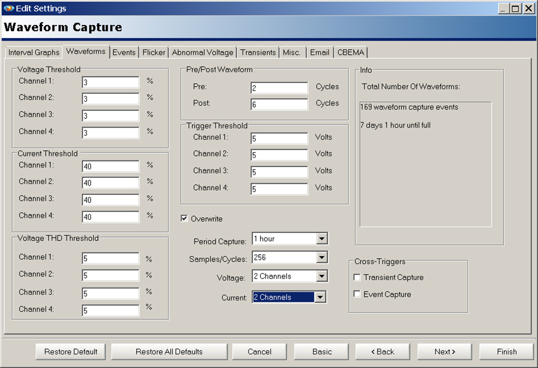 Recommended settings for waveform capture