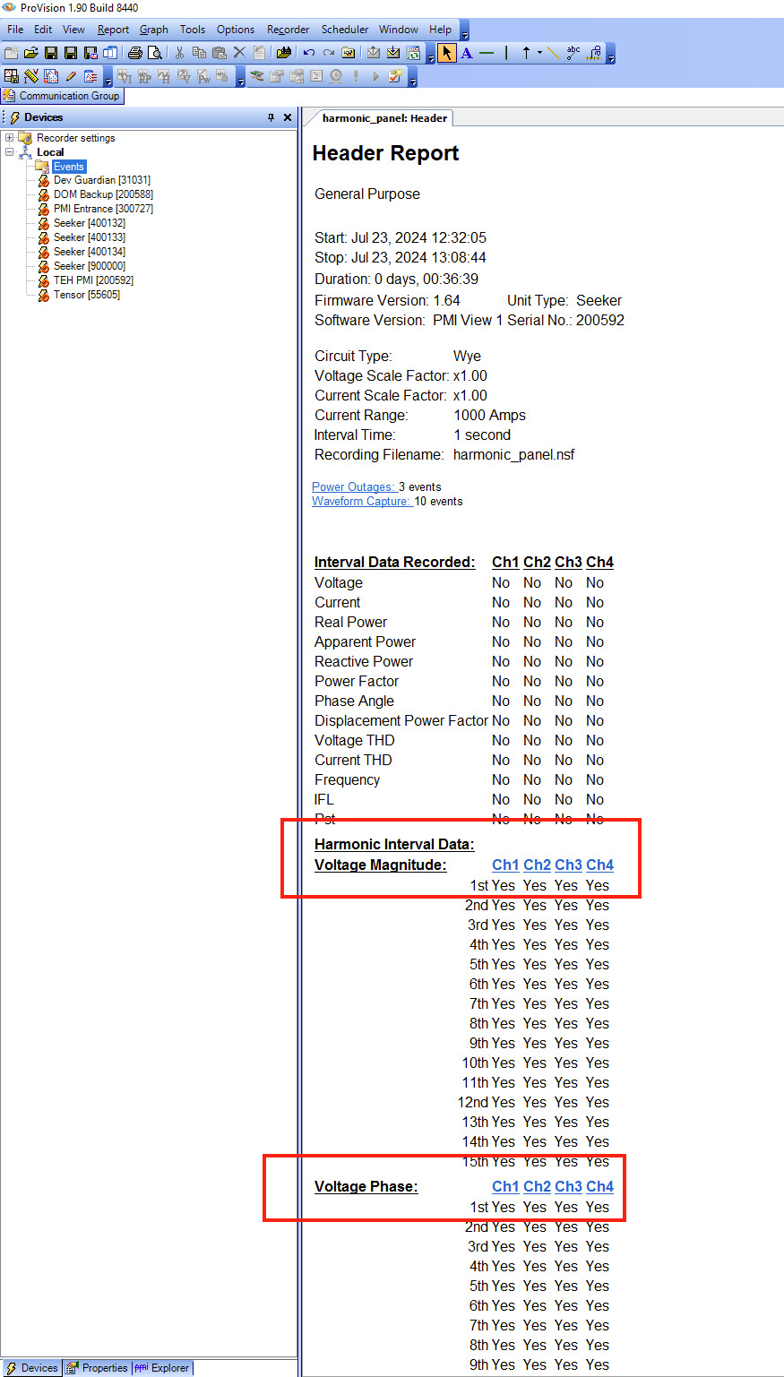 The header report shows that the fundamental magnitude and phase angle was recorded as a stripchart in this recording.