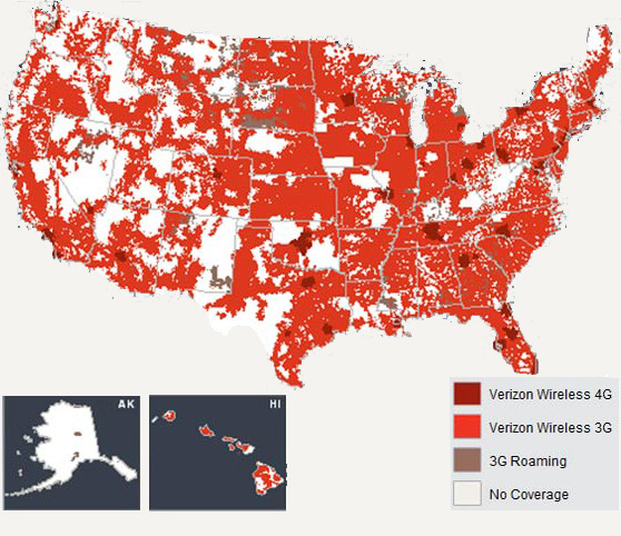 Figure 1. Verizon Wireless Coverage (Revolution CDMA modem)