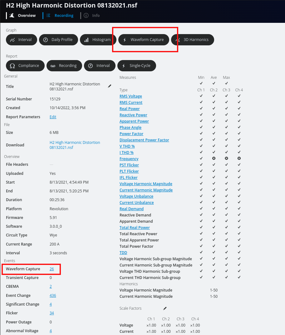 Figure 1. Clicking on 'Waveform Captures' will present the user with a list of all triggered waveform captures recorded during the PQ investigation.