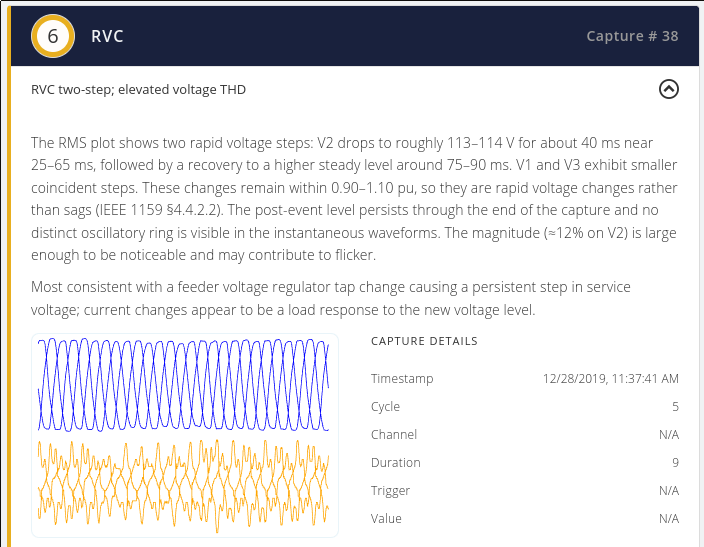 Figure 3. Merlin™ identifies Rapid Voltage Change events and provides the user with a narrative and overview for each capture.