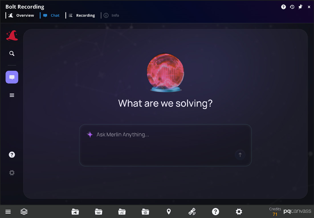 Figure 2. The Merlin™ Chat landing page with the "What are we solving?" prompt and chat history sidebar.