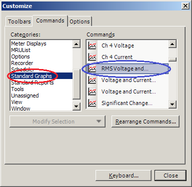 Figure 2. Adding custom shortcut for Standard Graphs: RMS Voltage and Current