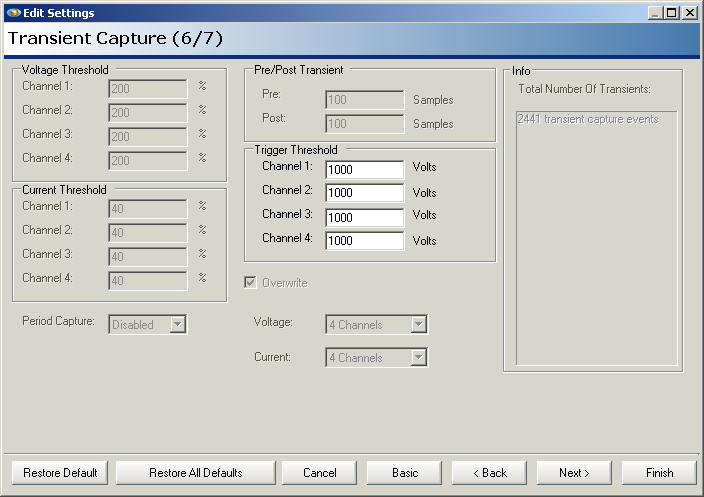 Figure 1. When adjusting the transient threshold, the default value of 1000V is high enough to avoid triggering on the AC sine wave at 480V, but low enough to still be useful even on 120V circuits.