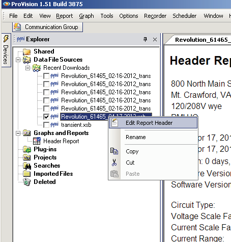To edit a report header, open a ProVision file, then right-click on the file in the Explorer panel, and select "Edit Report Header"